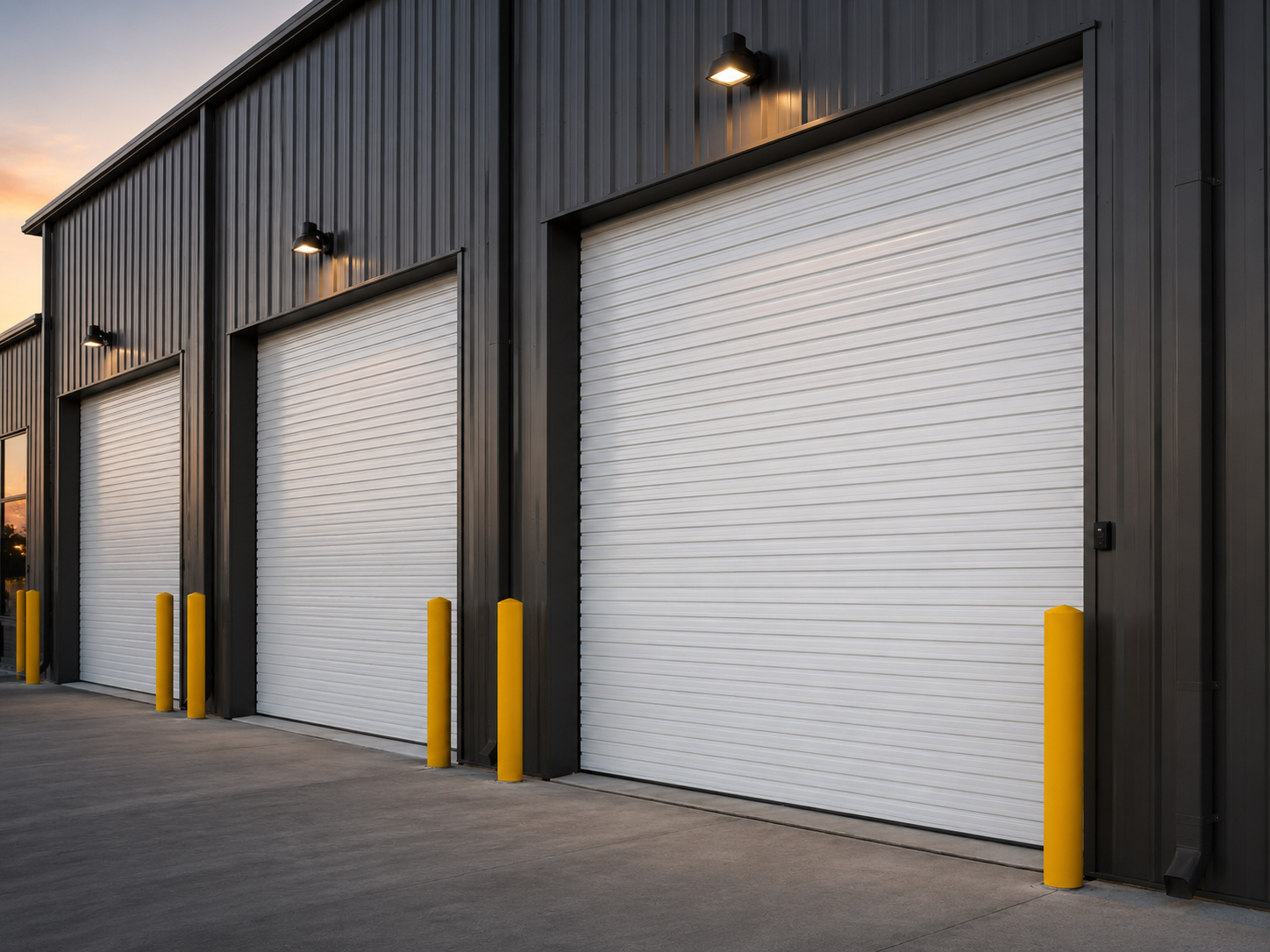 Industrial roll-up and warehouse garage doors serviced at a Mare Island fabrication and warehouse business in Vallejo